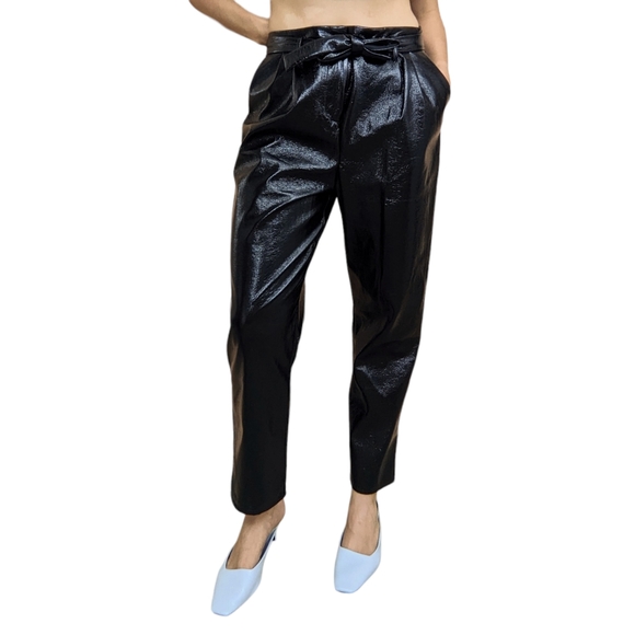 WHO WHAT WEAR Black High Tie Waist Textured Vinyl Straight Trouser Pants - 8 - Picture 9 of 16